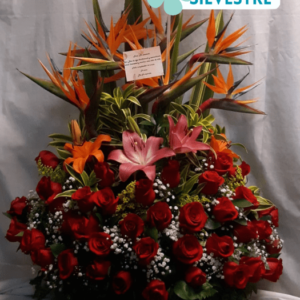 arreglo en 45 rosas rojas, con decoracion en aves del paraiso