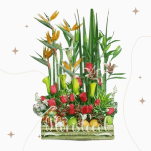 Arreglo Floral con Rosas rojas, orquideas,lirios y frutas