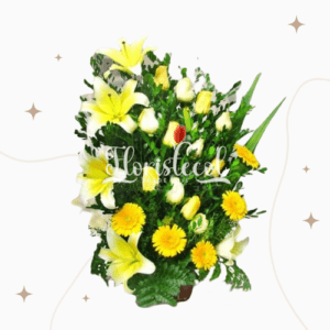 Arreglo con Rosas, Lirios y gerberas amarillas