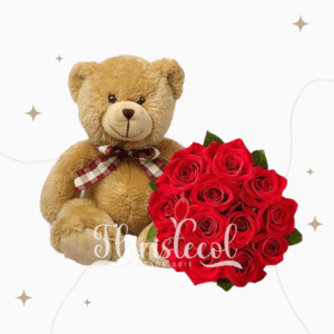 Bouquet de rosas y peluche