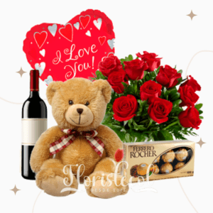 Bouquet de rosas, vino, peluche, globo y chocolates